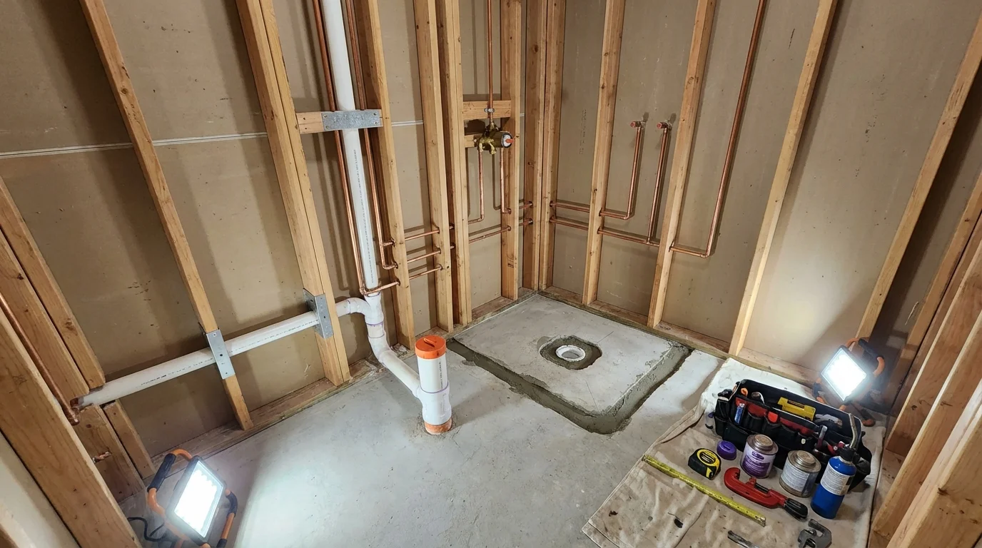 Bathroom rough-in plumbing during remodel by Johns Plumbing LLC in Covelo